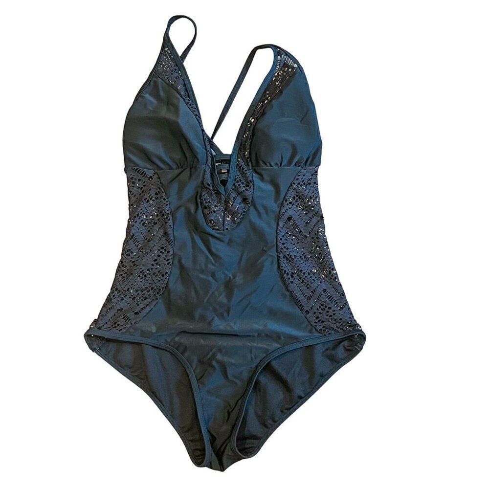 Tinibikini Black Crochet Plunge One-Piece Swimsuit Size Medium